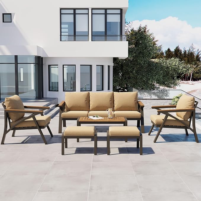 6-Piece Outdoor Patio Furniture Set,Steel Frame Sofa Set with 3-Seat Couch, 2 Armchairs,2 Ottomans & Acacia Wood Coffee Table, Cushioned Seating for Backyard, Garden,Poolside (Brown#56)