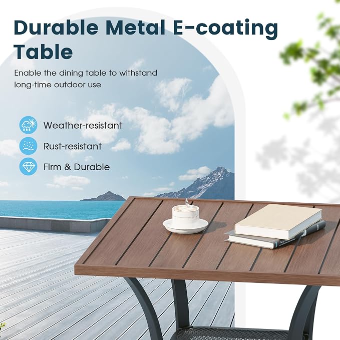 3 Pieces Outdoor Patio Dining Bar Set, 27.6" All Weather Square Metal Slatted Table with Storage Shelf and 2 High Back Textilene Swivel Chairs for Garden, Lawn, Walnut Table&Brown Chairs