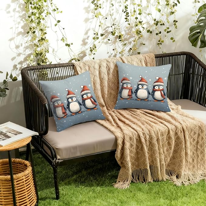 16x16 Inch Outdoor Pillow Covers Set of 2 Waterproof Throw Pillow Covers Decorative Couch Cushion Covers Christmas Penguin Square Pillowcases Protectors for Patio Garden Sofa