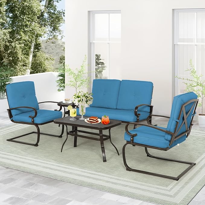 Oakcloud 5Pcs Metal Outdoor Furniture Patio Conversation Set (Loveseat, Coffee Table and Bistro Table, 2 Spring Chair) -Wrought Iron Patio Chair Set with Cushions (Blue)