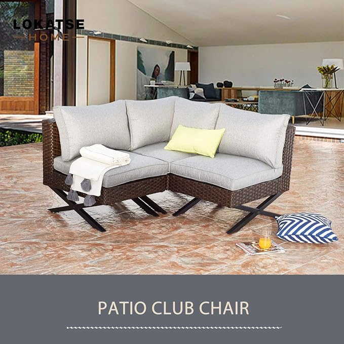 LOKATSE HOME 3 Piece Conversation Set Sectional Rattan Patio Furniture Include 2 Armless Chairs and 1 Corner Sofa with X-Shaped Legs, Brown