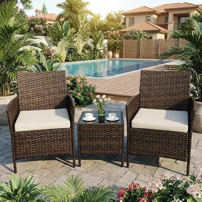 3PCS Outdoor Patio Bistro Set, PE Rattan Wicker Armchairs with Water-Resistant Cushions & Tempered Glass Coffee Table, All-Weather Conversation Set for Garden, Backyard, Porch, Poolside, Brown/Beige