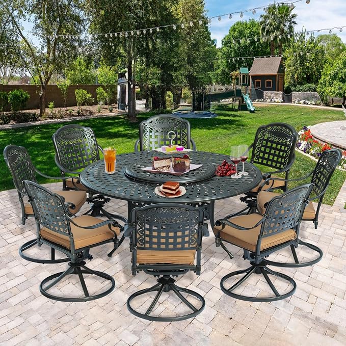 9-Piece Patio Cast Aluminum Dining Set, Outdoor Dining Furniture Set for 8 Person, Includes 8 Swivel Dining Chairs and 61" Large Round Dining Table with 31" Lazy Susan, Umbrella Hole, Tan