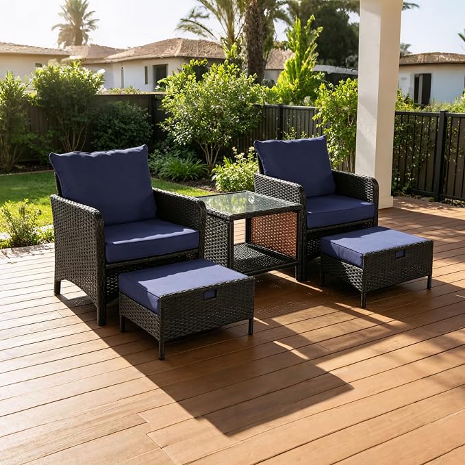 5 Piece PE Wicker Patio Furniture Set, Outdoor Conversation Chairs with Pull Out Hidden Ottoman, Soft Cushions & Glass Coffee Table, Wicker Bistro Set for Porch, Garden, Balcony, Poolside (Blue)