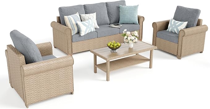 Patio Furniture Set 4 pcs, Wicker Rattan Outdoor Furniture with 5.5” Thick Cushions, 3-Seat Sofa, 2 Chairs and Coffee Table, Outdoor Conversation Set for Garden Backyard Deck, 5 Seats Grey