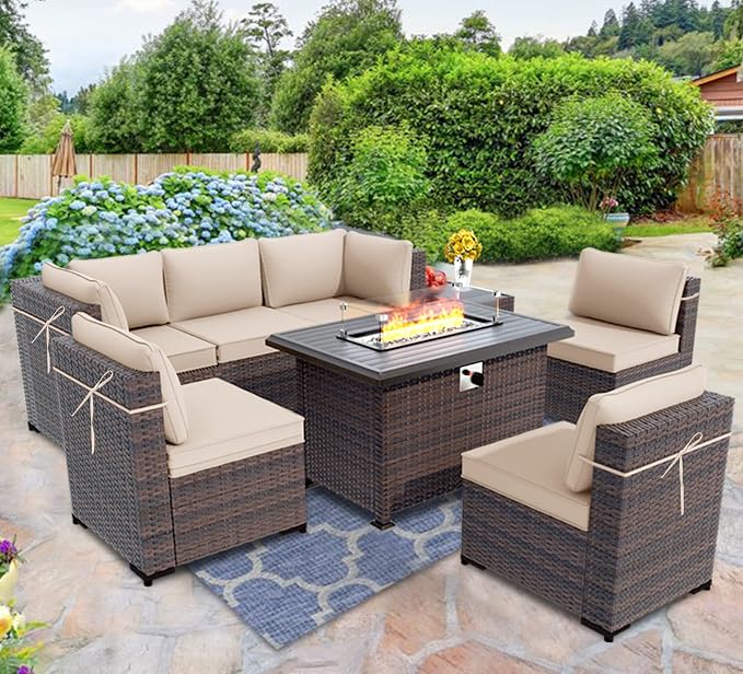 Outdoor Patio Furniture Set with Gas Fire Pit Table, 8 Pieces Outdoor Furniture Set Patio Sectional Sofa w/43in Propane Fire Pit, PE Wicker Rattan Patio Conversation Sets (Sand)