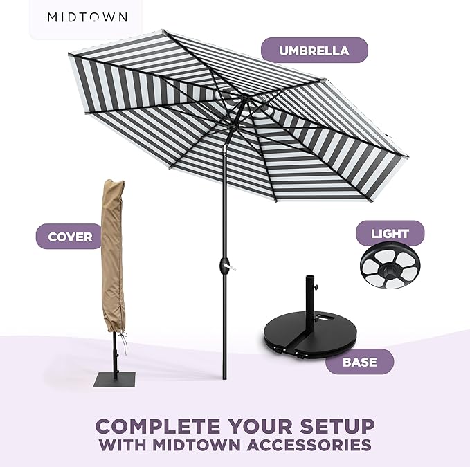 Midtown Umbrellas - 10-Year-No-Fade 10 Ft Patio Umbrella with Terylast Fabric, Auto-Tilt Aluminum Frame and 8 Reinforced Ribs for Deck, Pool, Garden & Beach - Grey/White Stripes Canopy, Black Pole