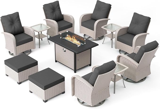 12-Piece Patio Furniture Set, Outdoor Swivel Rocking Chairs Set with 55,000 BTU Fire Pit Table,All Weather Conversation Set for Porch Poolside Balcony