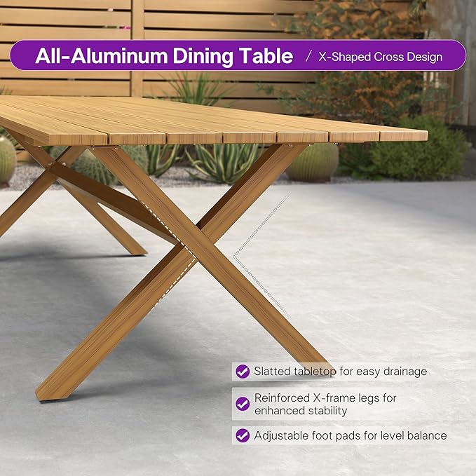 PURPLE LEAF 9 Pieces Outdoor Dining Set All Weather Wicker Patio Dining Set with Square Aluminum Table and Modern Armrest Dining Chairs for Garden Deck Backyard Kitchen, Teak