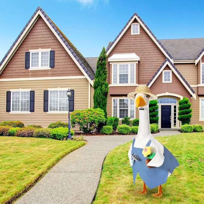 FuWeave Gardener Porch Goose Outfit Flower Goose Clothes for 23" Large Statue Outdoor Spring Summer Garden Yard Lawn Art Decoration, Overalls Gardener Gardening Enthusiast