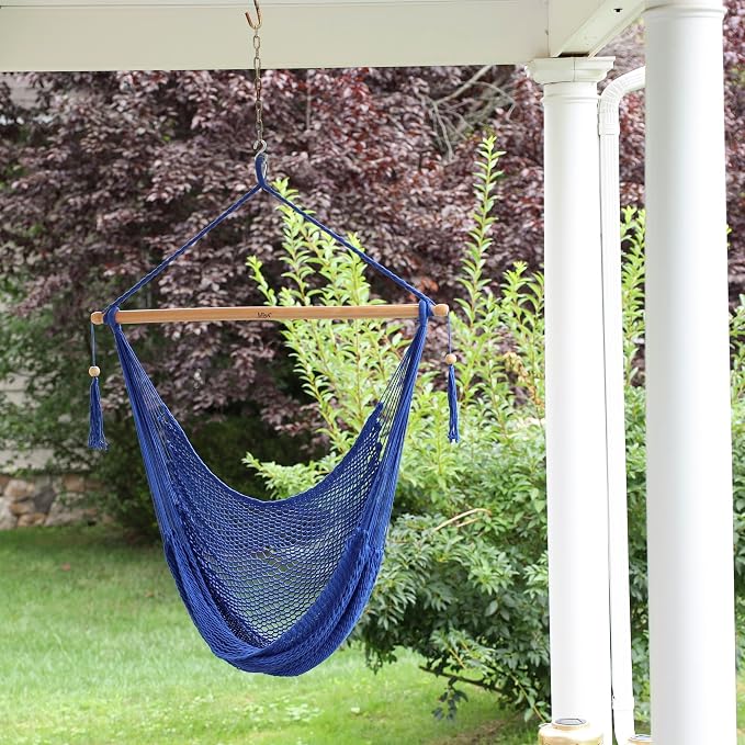 Bliss Hammocks BHC-412BLU Island Rope Hammock Chair, Eco Friendly & Hand-Woven Cotton, Varnish Coated 40 Inch Wood Spreader, Easy to Hang w/Included Hanging Kit, Supports up to 265LBS, Blue Rope
