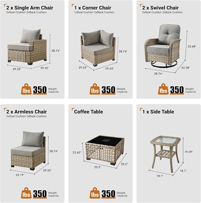 ovios 9 Piece Patio Sectional Furniture with Swivel Rocking Chairs, Rattan Wicker Coversation Couch Set, Outdoor Sofa Set for Outside Porch Balcony Backyard Pool, Dark Grey