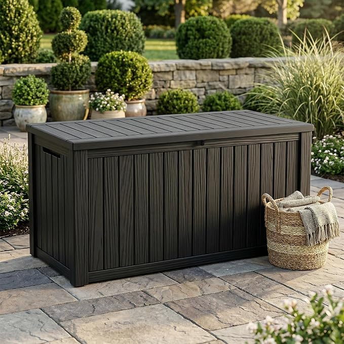 180 Gallon Outdoor Storage Box Waterproof, Resin Lockable Deck Box with Lid, Large Capacity Weatherproof Container for Patio Furniture, Side Table and Cushions (Black, 180 Gallon)