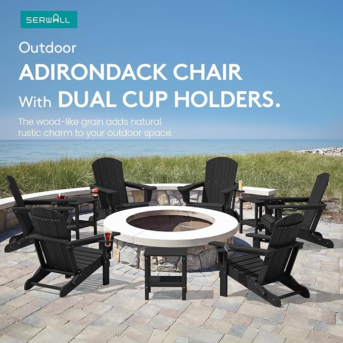 SERWALL Folding Adirondack Chairs with Dual Cup Holder, HDPE Adirondack Chairs Set of 4, Plastic Outdoor Chairs,Black