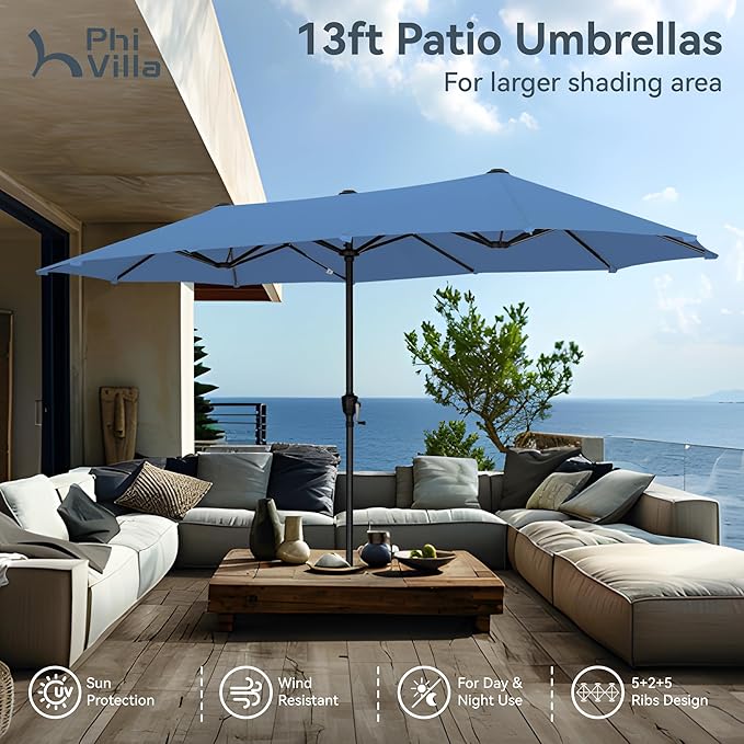 PHI VILLA 13ft Large Patio Umbrellas, Double-Sided Outdoor Market Rectangle Umbrella for Outside, Haze Blue