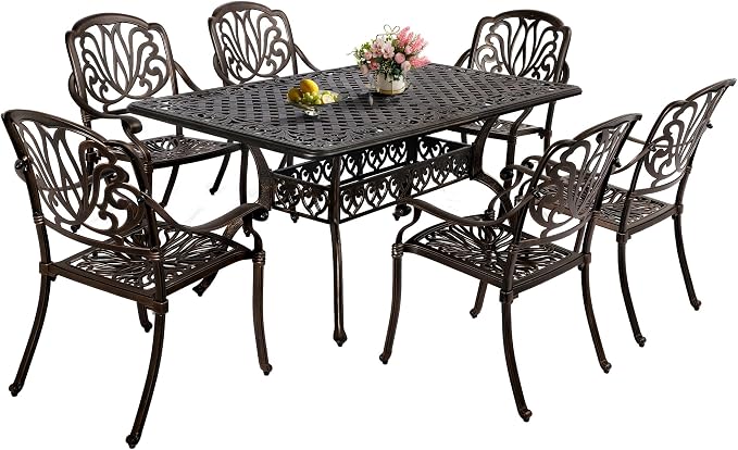 TITIMO 7-Piece Cast Aluminum Patio Furniture Set, Outdoor Patio Dining Set Bistro Conversation Set, All-Weather Rectangular Table w/Umbrella Hole (Bronze-Fixed Elizabeth Chair, 7 Pcs)