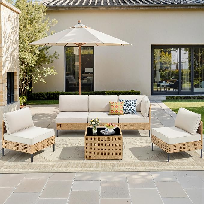 Belord Patio Sectional Furniture Set 6-Piece, Waterproof Outdoor Seating Furniture with Thick Cushions, Wicker Conversation Set for Garden, Poolside