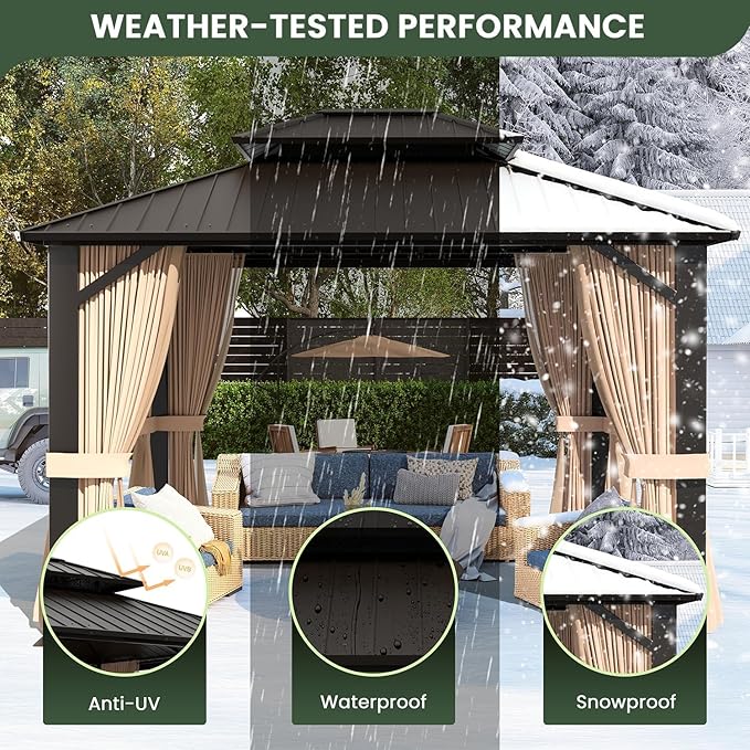 10’x12’ Hardtop Gazebo with Fan, Galvanized Steel Double Roof Canopy with Aluminum Frame, Outdoor Pavilion with Nettings and Curtains