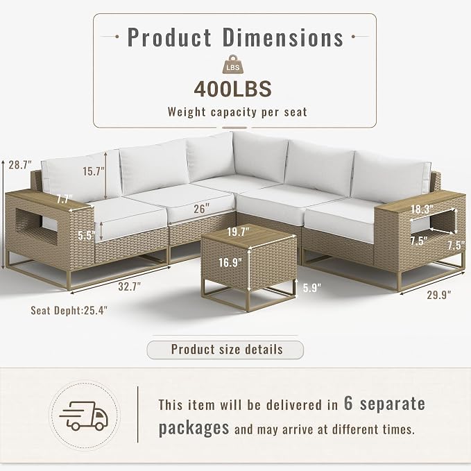 12-Piece Outdoor Patio Furniture Set, Modern PE Wicker Outdoor Sectional Sofa with Storage Armrests & 5.5" Thick Cushions, L-Shaped Couch for Deck, Porch, Backyard, Ivory White