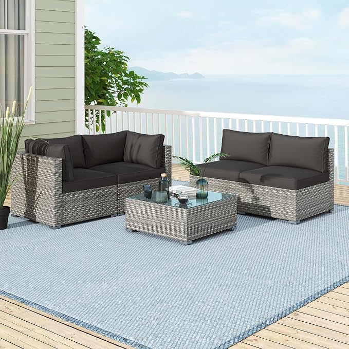 RELAX4LIFE 5-Piece Patio Furniture Set - Wicker Rattan Outdoor Sectional Sofa w/Glass-Top Coffee Table, Soft Seat & Back Cushions, Bistro Conversation Set for Garden Backyard Porch (1, Black)