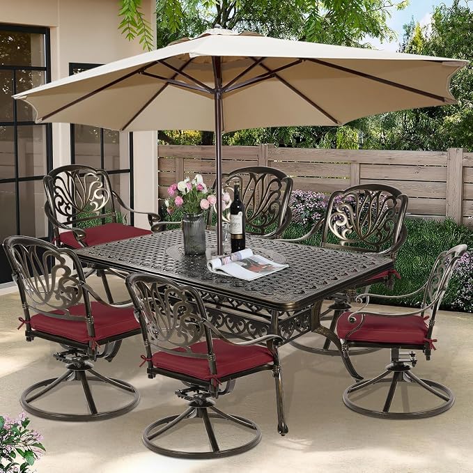 7-Piece Outdoor Patio Dining Set, 60” Rectangular Cast Aluminum Dining Table with Umbrella Hole and 6 Cushioned Swivel Rocker Chairs, Patio Funiture Set for Backyard, Patio, Garden, Red