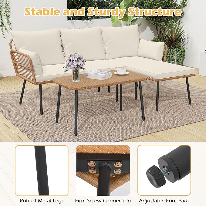 Tangkula 3 Pieces L-Shaped Patio Furniture Set, Outdoor Sectional Cushioned Sofa with Coffee Table, Removable Cushions, Boho Rattan Outdoor Conversation Set for Backyard Porch Balcony (White)