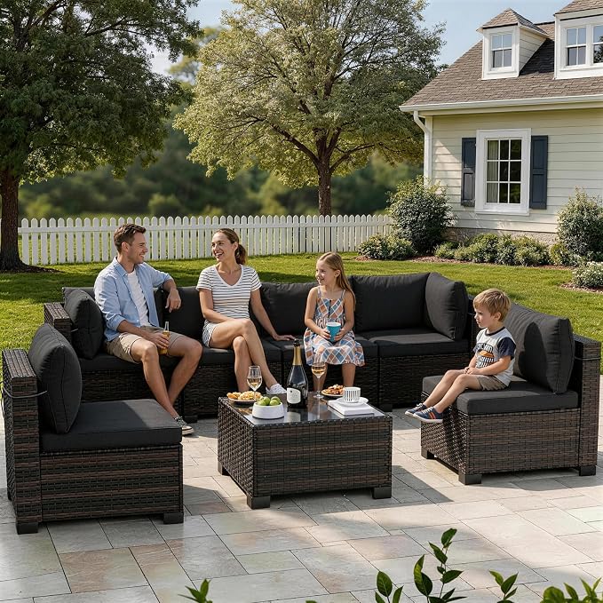 LAFWLL 7 Pieces Outdoor Patio Furniture Sets,Rattan Conversation Sectional Set,Manual Weaving Wicker Patio Sofa with Tea Table