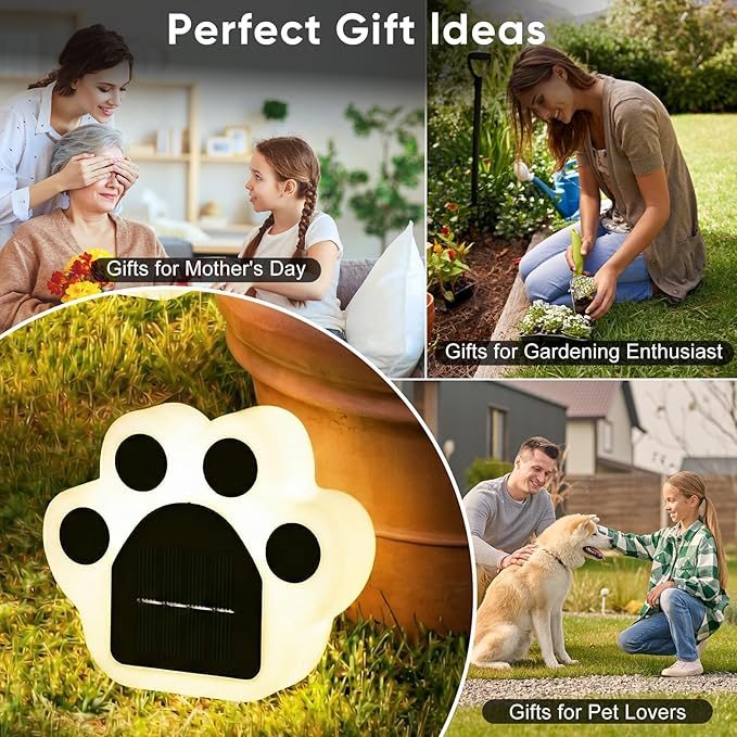 Solar Paw Print Lights 8 Pack, Outdoor Waterproof Solar Garden Lights, Lawn Patio Pathway Decorative Lights, Pet Dog Lovers Gifts for Women Mom Mother's Day (Warm White)