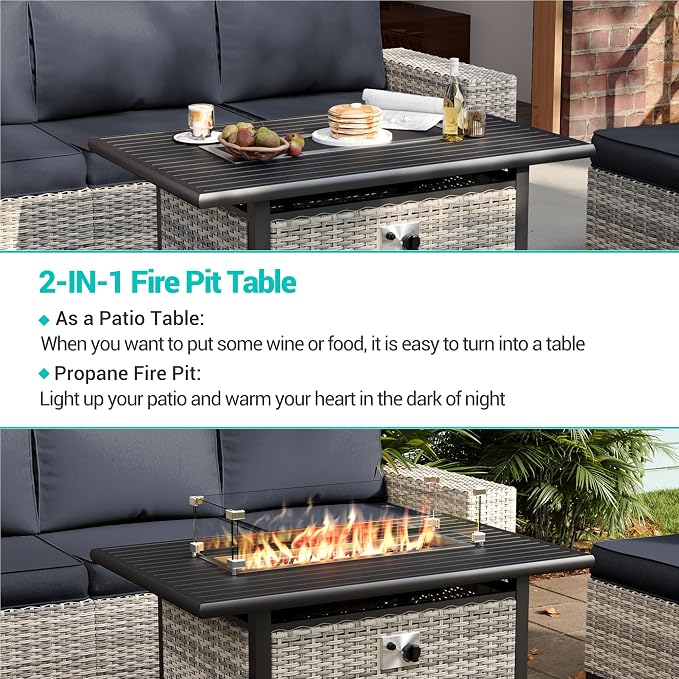 12-Piece Outdoor Patio Furniture Set with Rocking Swivel Chair, PE Wicker Rattan Sectional Sofa 55,000 BTU Fire Pit Table Patio Conversation Set with Ottomans and Chunky Arms, Dark Grey
