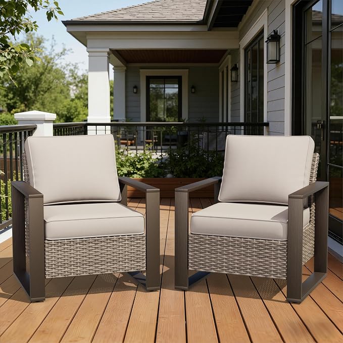 Joyside Outdoor Patio Chairs Set, 2 Pieces Wicker Rattan Chairs with Metal Wide Armrest, Thick Cushions and Deep Seating for Garden, Backyard, Porch, Deck