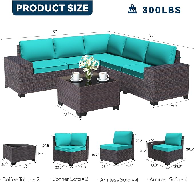 Patio Furniture Set 12 Pieces Outdoor Sectional Sofa Set,PE Rattan Wicker Patio Conversation Set with Thickened Cushions and Glass Coffee Table,Blue