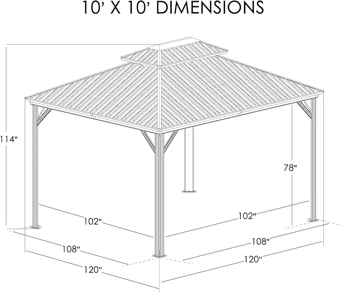 Kozyard Caesar 10'x10' Hardtop Gazebo - Permanent Metal Pavilion with Netting and Shaded Curtains for Patio, Backyard, and Deck - Galvanized Steel Outdoor Aluminum Canopy, Double Roof Gazebo (Brown)
