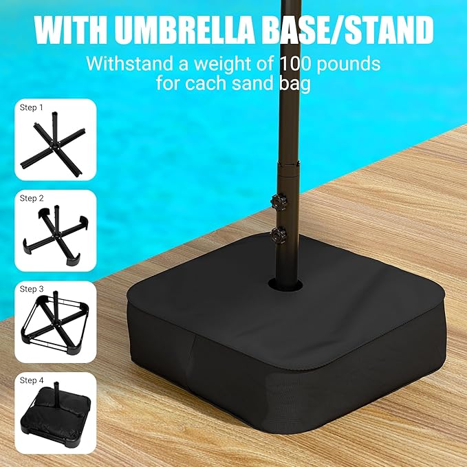 CHABATREE 14FT Large Patio Patio Umbrella with Base & Solar LED Lights - Double-Sided,Blue
