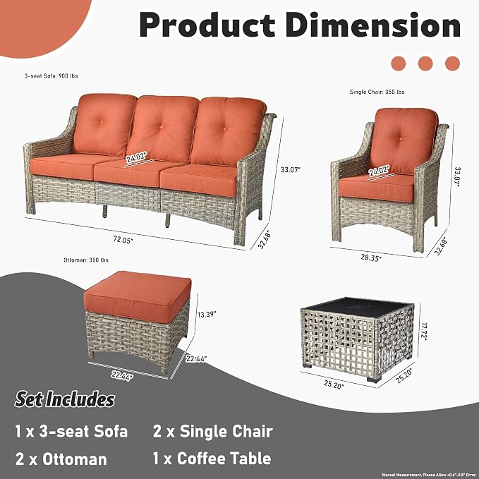 ovios 6 Piece Outdoor Patio Furniture with 3 Seat Sofa,Rattan Wicker Coversation Set with High Back,Sectional Single Sofa with Ottoman for Outside Porch Balcony Backyard Pool, Red