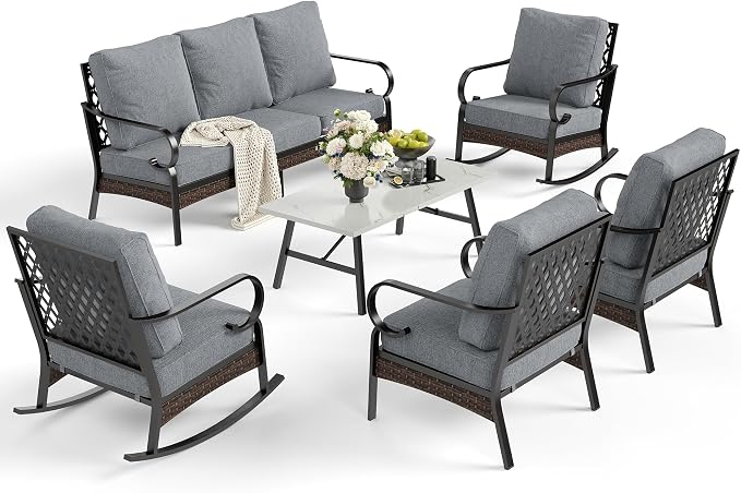 SUNSHINE VALLEY 6 Piece Metal Outdoor Patio Furniture Set, Patio Conversation Set with 1 3-Seater & 2 Fixed Sofas, 2 Rocking Sofas, 5.75" Thick Cushion & Coffee Table, Black & Gray Backyard Furniture
