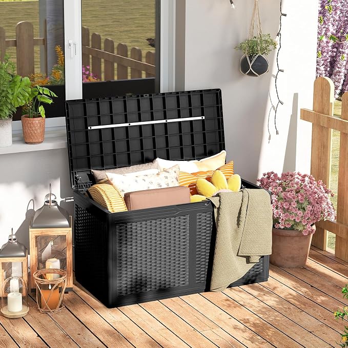 RELAX4LIFE 100-Gallon Resin Deck Box - Waterproof Outdoor Storage Box Container w/Lockable Lid & Wheels, Faux Rattan Porch Bench for Patio Furniture Cushions, Pool Accessories, Garden Tools (Black)