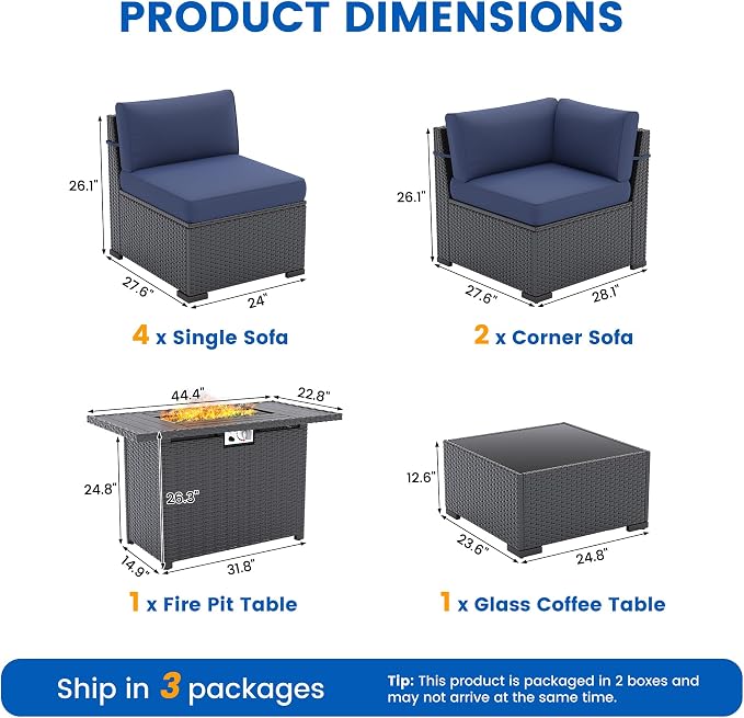 8 Piece Patio Furniture Set with 44” Fire Pit Table All-Weather Wicker Conversation Sectional Sofa & Coffee Table with Thickened Cushions for Backyard, Garden(Navy Blue)