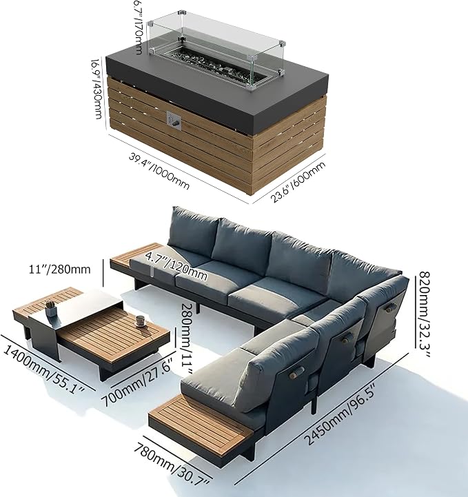 homary Patio Conversation Sets with Fire Pit, Modular Outdoor Sofa Aluminum & Teak Outdoor Sofa Se with Glass Wind Guard Ideal for Patios & Balconies, 6 Pepole