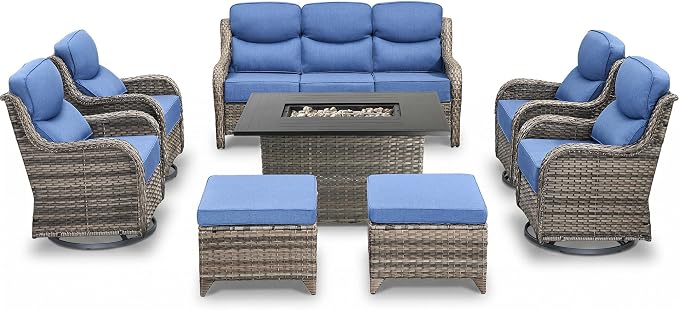 Luxury Patio Furniture Set with Fire Pit Table-8 Pieces All Weather Outdoor Swivel Rocker Chairs with Sofa and Ottomans. Outdoors Patio Conversation Sets for Porch Deck Garden Backyard(Grey/Blue)