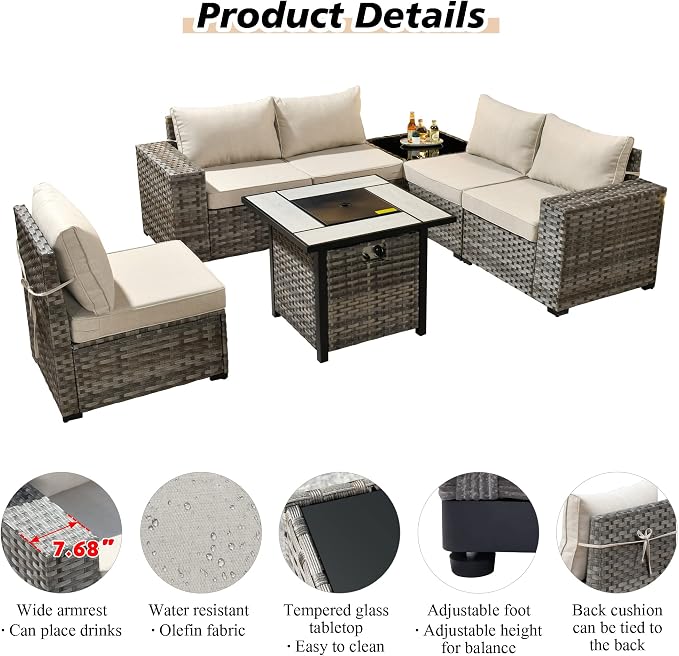 HOOOWOOO Outdoor Patio Sectional Furniture Sofa Set with Propane Gas Fire Pit Table,7 Piece Small Modern Wicker Couch with Widened Armrest,Modular Conversation Seating Set for Out Door(Beige Tan)