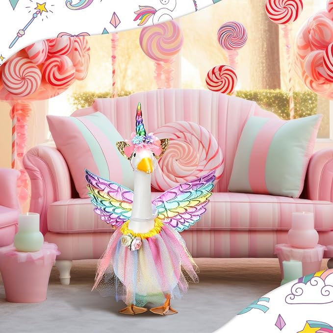 Abbylike Unicorn Porch Goose Outfit Rainbow Goose Costume for 23'' H Cement Statue with Tutu Skirt Unicorn Headband Wing for Party Outdoor Yard Lawn Garden Patio Decor
