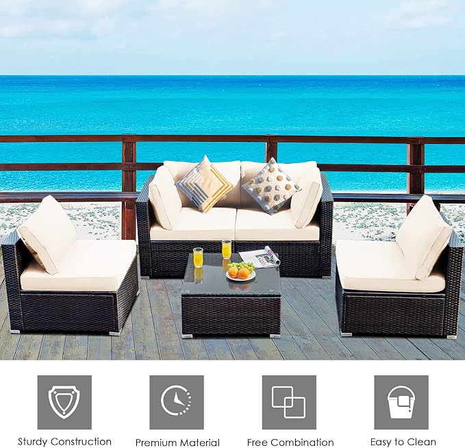 HAPPYGRILL 5 Pieces Patio Furniture Set Outdoor Rattan Wicker Sofa Set with Coffee Table Sectional Sofa Conversation Set with Pillows Cushions for Backyard Porch Garden Poolside