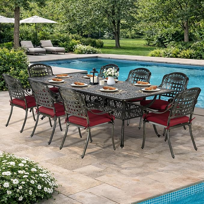VIVIJASON 9-Piece Outdoor Dining Set, Cast Aluminum Retro Patio Furniture Table and Chairs Set for 8, Include Large 94.5" Rectangular Dining Table and 8 Chairs with Umbrella Hole, Red Cushion