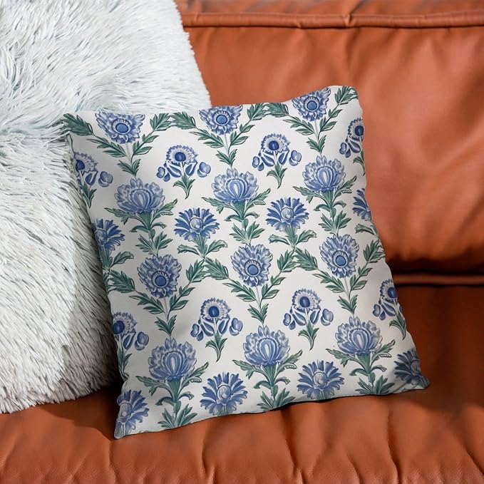 Mughal Flower Cushion Cases Blue Lotus Floral Cushion Cases 24x24 INRetro Accent Farmhouse Decor Pillow for Sofa Patio Couch