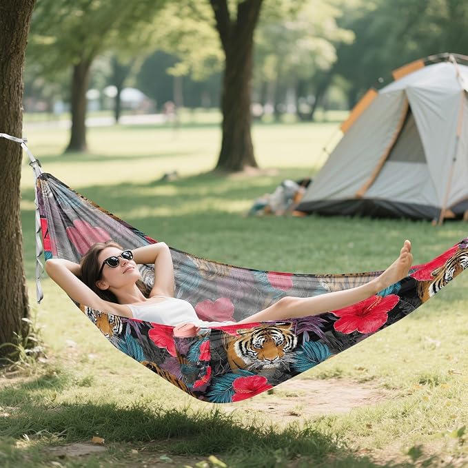 Camping Hammock Outdoor Hammocks for Outside Tiger Hibiscus Flower Beach Trees Portable Lightweight with Pockets Tree Straps Indoor