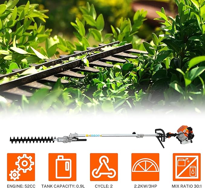 52cc Gas Trimmer Weed Eater, 6 in 1 String Trimmer, Wheeled Edger, Hedge Trimmer and Brush Cutter Blade for Quick Weed Grass Cleaning Crop Seed Soil Protection Tools