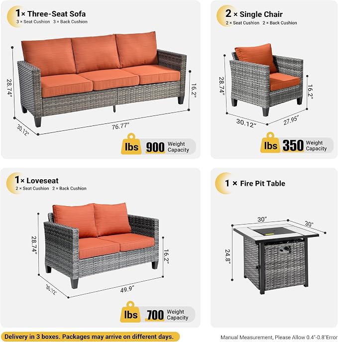 ovios 5 Pieces Patio Furniture Set, Outdoor Wicker Rattan Sofa Couch with 30" Fire Pit Table, Loveseat Chairs, Conversation Sets for Yard Porch Garden, Orange Red