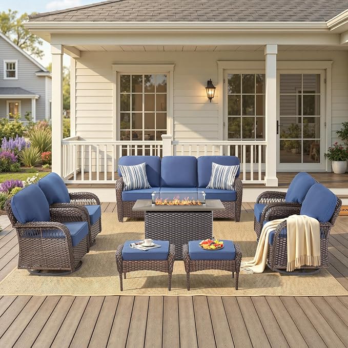 8 PCS Patio Furniture Set with Fire Pit Table, Outdoor Sectional Sofa Couch with Rocking Swivel Chairs 5" Deep Seat Chairs, Modern Wicker Rattan Conversation Set, Blue/Brown Wicker