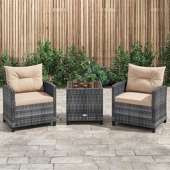 KOTEK 3 Piece Patio Furniture Set, Outdoor PE Rattan Conversation Set with Washable Cushions & Tempered Glass Tabletop, Wicker Chairs and Table Set for Porch, Garden, Balcony (Beige)