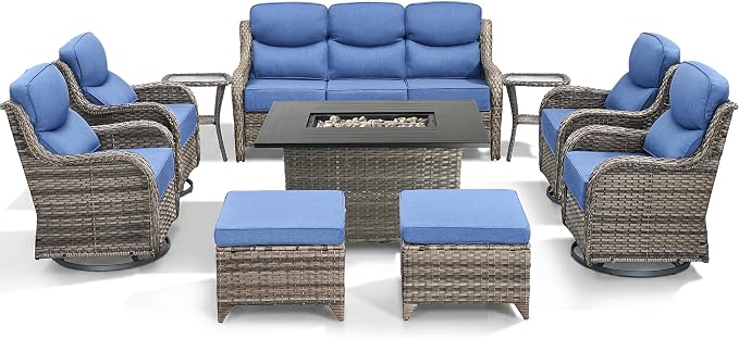 Luxury Patio Furniture Set with Fire Pit Table-10 Pieces All Weather Outdoor Swivel Rocker Chairs with Sofa and Ottomans. Outdoors Patio Conversation Sets for Porch Deck Garden Backyard(Grey/Blue)